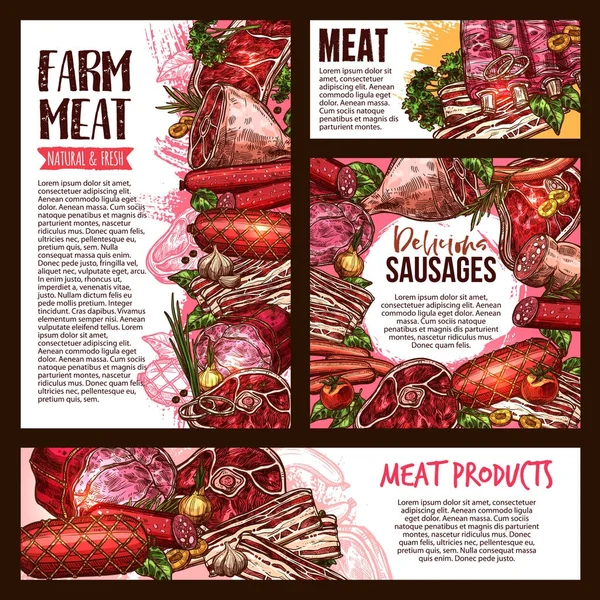 Juego de plantillas de banner de producto de carne y salchicha — Archivo Imágenes Vectoriales