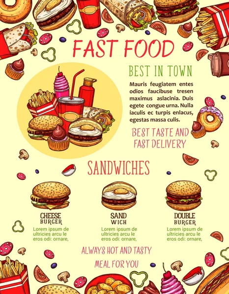 Plantilla de pancarta de menú de hamburguesa y sándwich de comida rápida — Vector de stock