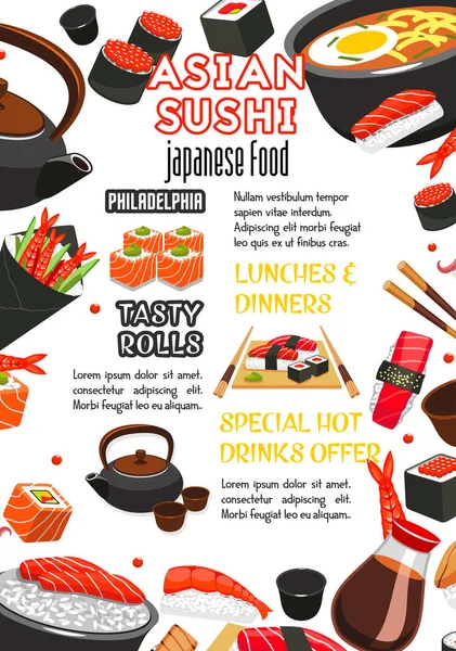 Banner de menú de comida japonesa, rollo de sushi y bebida — Vector de stock