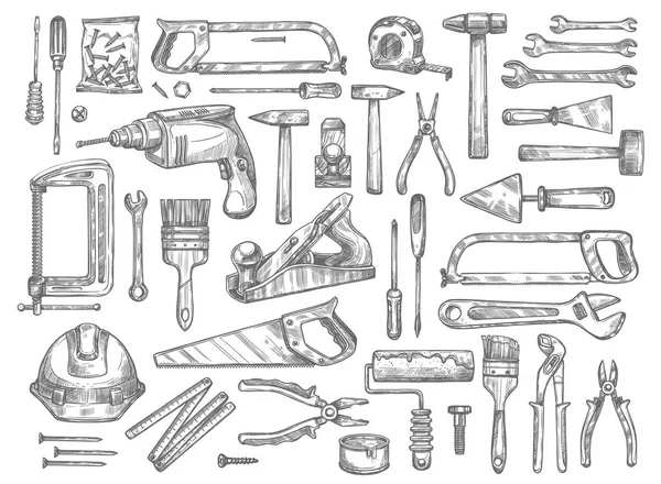 Vector work tools sketch icons for house repair — Stock Vector