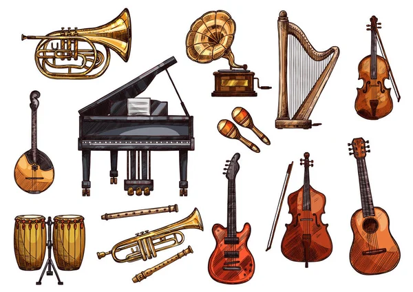 Vector música concierto boceto instrumentos iconos — Archivo Imágenes Vectoriales