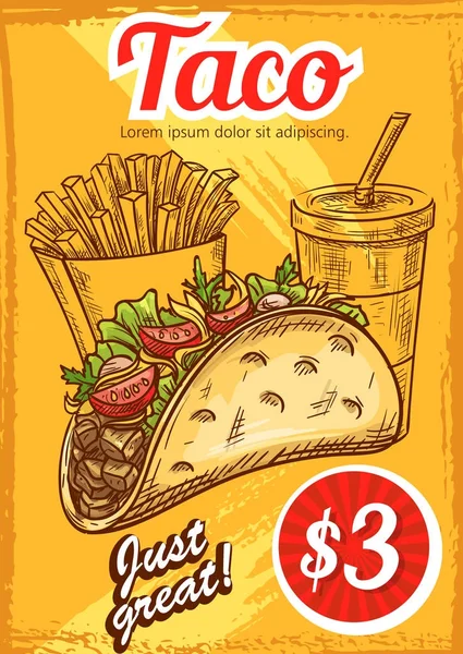 Fast food vector tacos patatine fritte caffè sketch menu — Vettoriale Stock