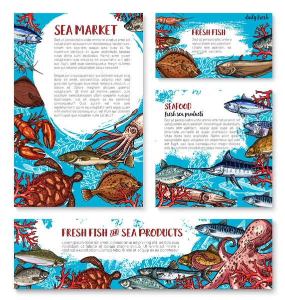 Vektör deniz ürünleri posterler kroki taze balık — Stok Vektör