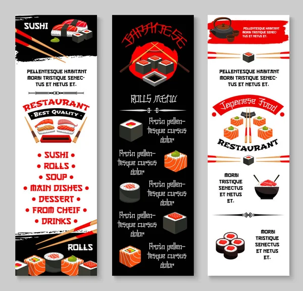 Bandeiras de menu vetorial para restaurante de sushi japonês — Vetor de Stock