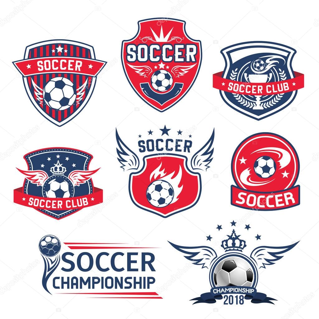 Soccer club badges or football championship cup icons set. Vector soccer ball with wings and goal victory laurel wreath or stars on heraldic crown shield for college soccer league team college league