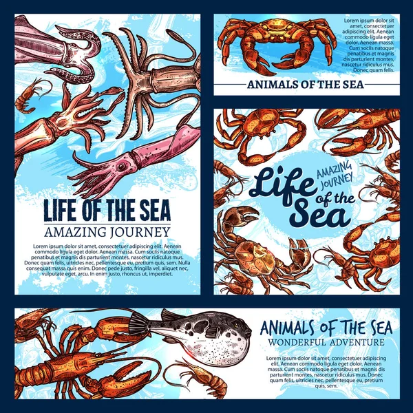 Vetor vida marinha cartazes de animais esboço de peixes — Vetor de Stock