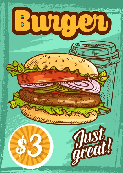 Rychlé občerstvení vektorové burger fastfood skica plakát — Stockový vektor