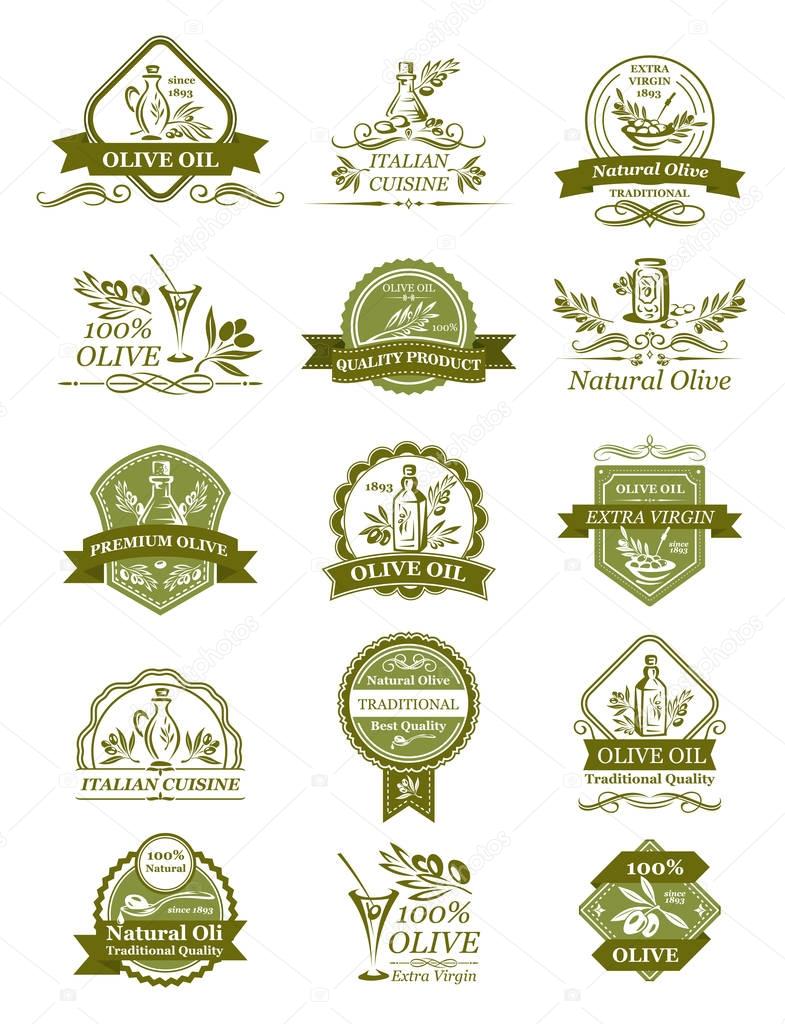 Olive oil icons of green and black olives for extra virgin product bottle packing label templates vector isolated set. Italian cuisine best quality vector organic cooking oil drops and olive leaf