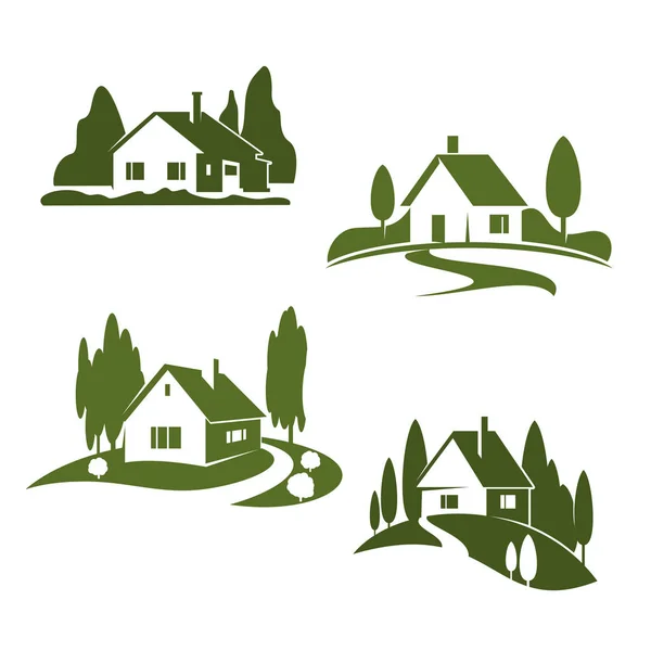 Vector groene huis boerderij bos pictogrammen — Stockvector