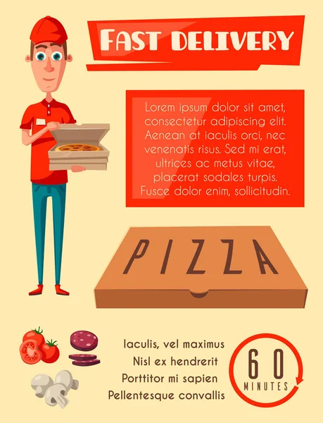Vektor lapos posztert pizza gyorsétterem szállítási ember — Stock Vector