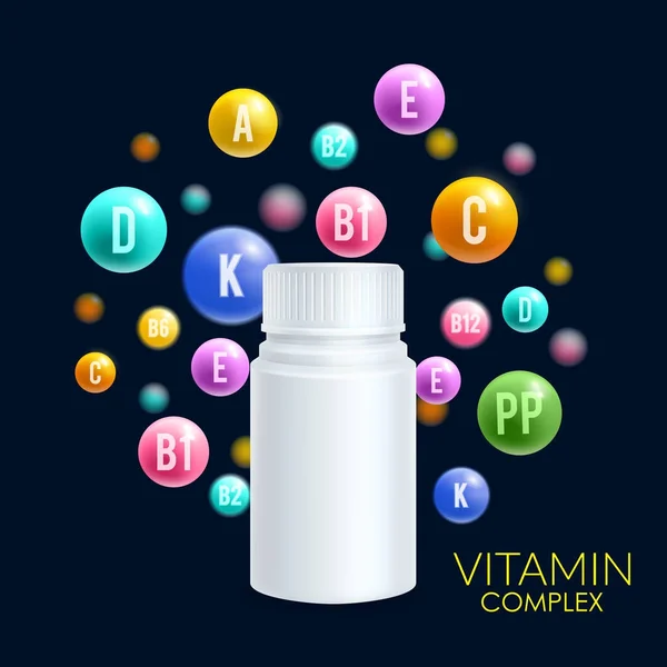 Komplexa vektor 3d plastflaska vitaminpiller — Stock vektor