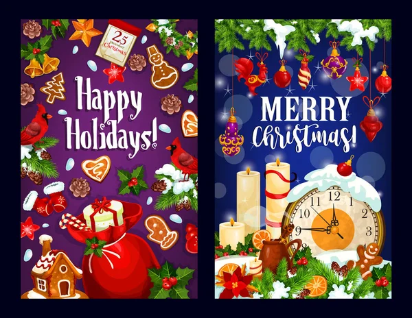 Karácsonyi üdvözlőlap-újév éjfél óra-és ajándék — Stock Vector