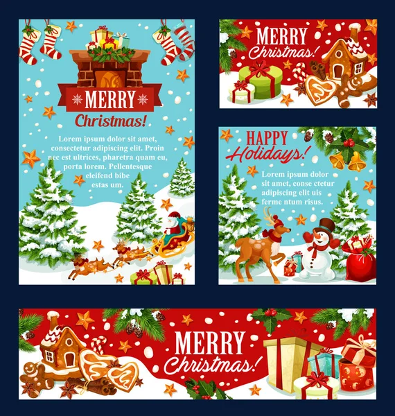 Рождественская открытка с Сантой, снеговиком, подарком — стоковый вектор