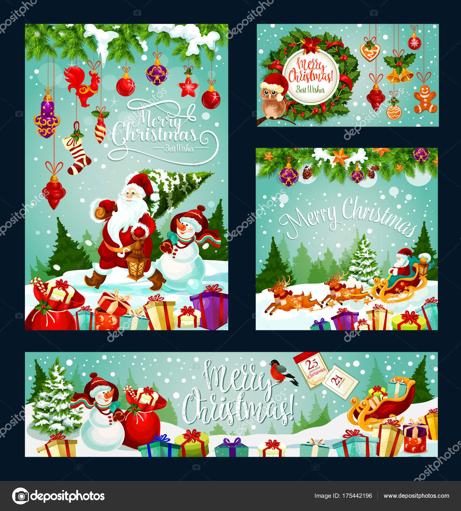 Christmas winter holiday greeting banner Santa Claus snowman and Xmas t holly and pine tree wreath with ribbon bell and snowflake New Year garland
