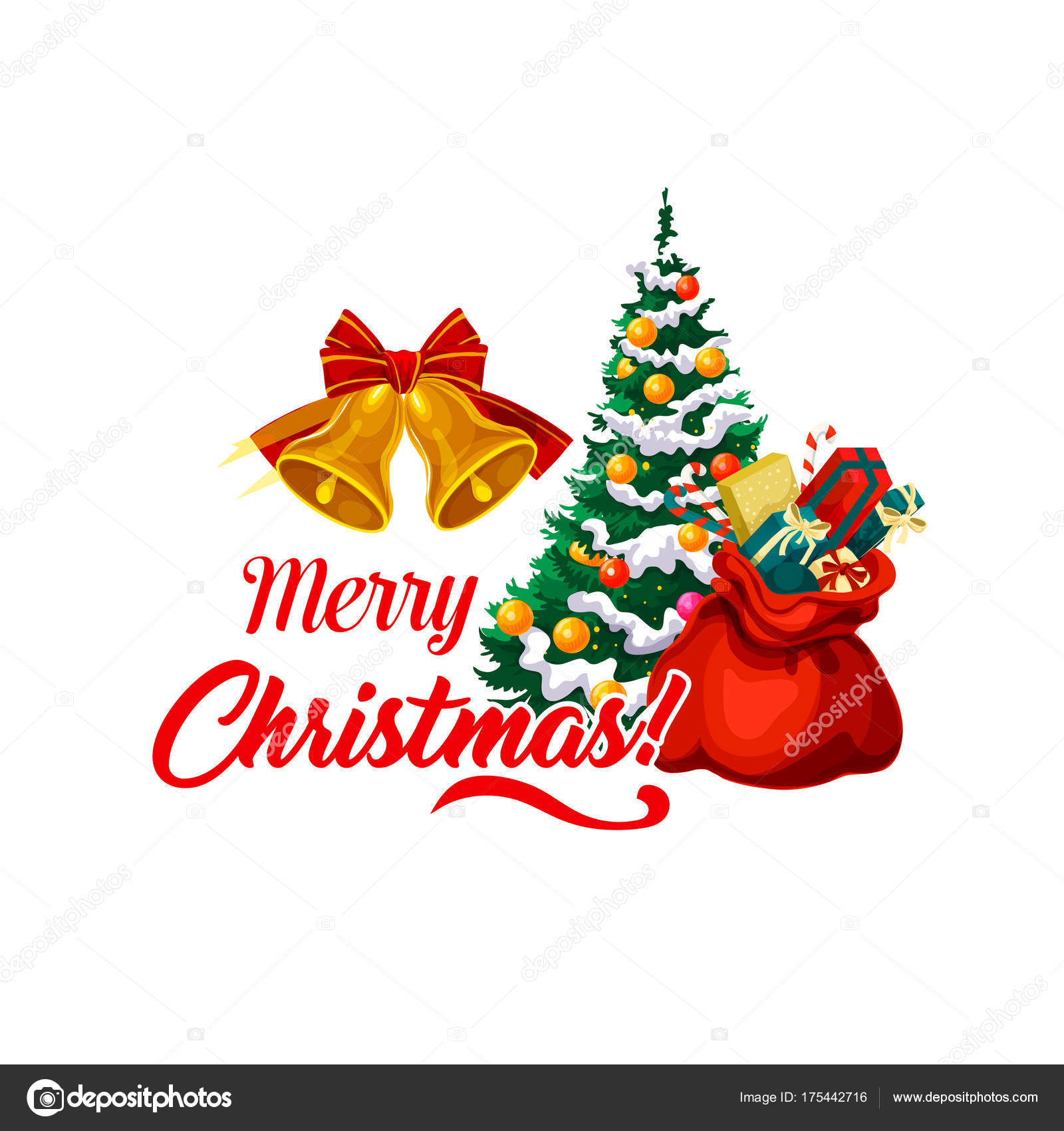 Saluto di buon Natale e icona dell albero di Natale con winter holiday decorazione ornamenti e borsa di regali di Babbo Natale sul fondo bianco della neve