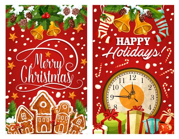 Orologio di Capodanno con regalo di Natale e carta cookie — Vettoriale Stock