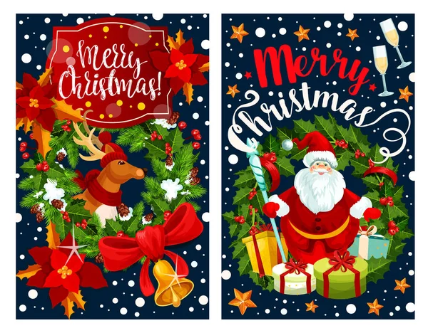 ซานต้าและเรนเดียร์การ์ดอวยพรที่มีกรอบมงกุฎ — ภาพเวกเตอร์สต็อก