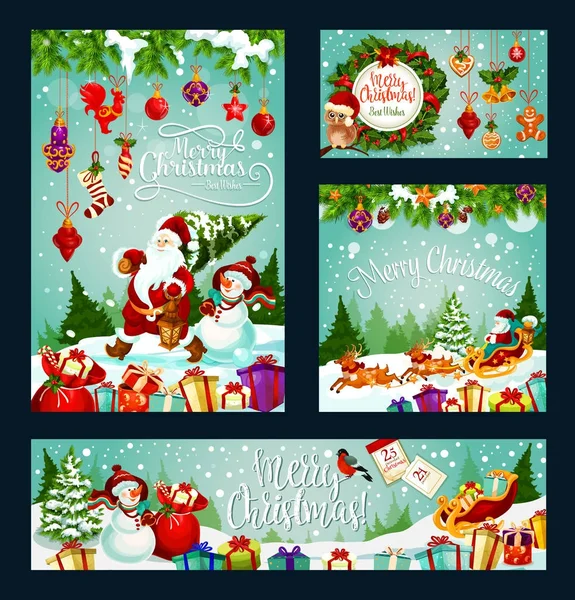 Tarjeta navideña de Papá Noel, regalo y muñeco de nieve — Vector de stock