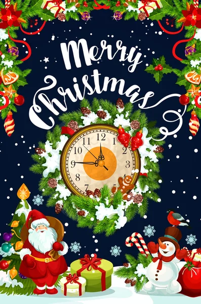 圣诞花圈与新年礼物和时钟卡片 — 图库矢量图片