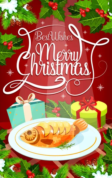Christmas Eve dinner banner with gift and fish — Stock Vector