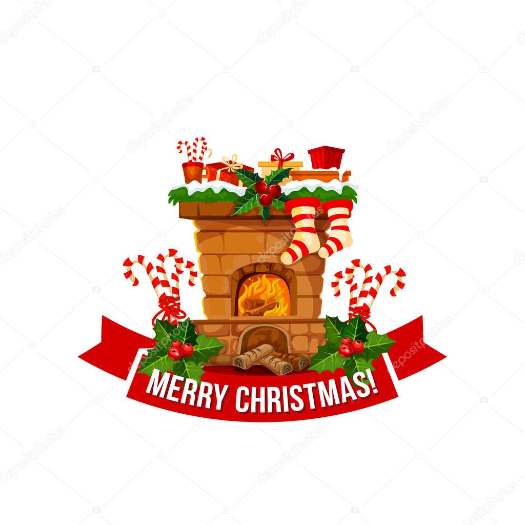 Merry Christmas wish icon of New Year Santa fireplace chimney and gift stockings. Vector isolated symbol of. Christmas tree holly wreath ornament for happy holiday greeting season