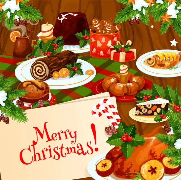 Noel şenlikli yemeği ahşap masa bayrağı — Stok Vektör