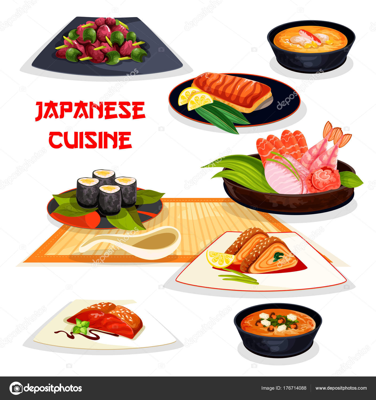 Japanese restaurant lunch dishes of asian cuisine Stock Vector Image by