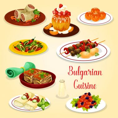 Bulgarian meat dishes and cheese dessert icon clipart
