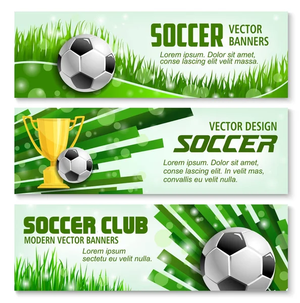 Football sport 3d banner of soccer ball and trophy — Stock Vector