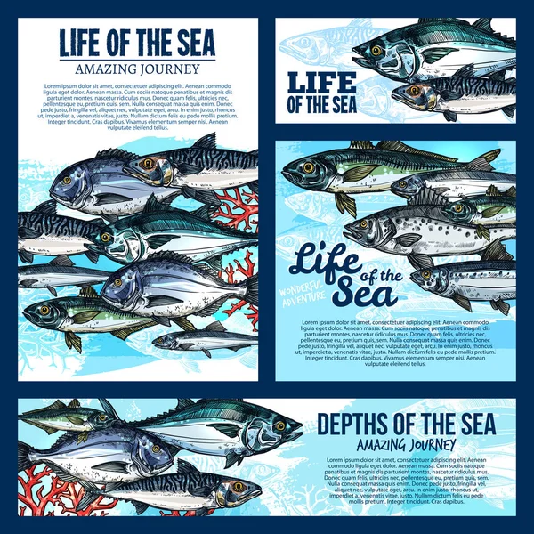 Bandiera della vita marina con schizzo di pesci e animali marini — Vettoriale Stock