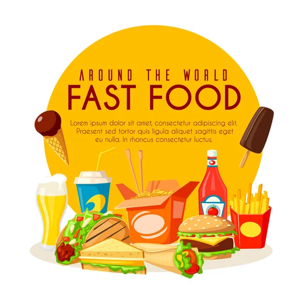 Poster fast food con piatti e bevande a pranzo — Vettoriale Stock
