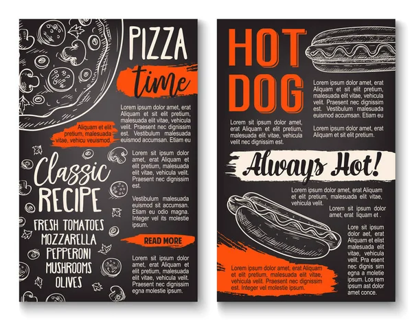 Fast food pizza and hot dog menu chalkboard poster