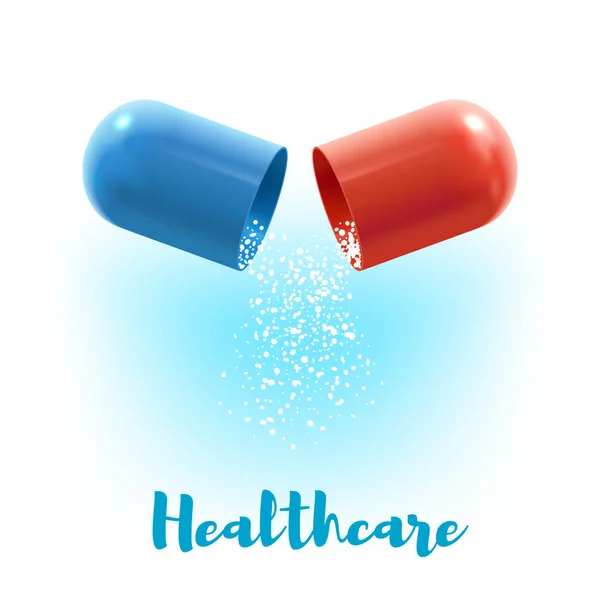 Cápsula abierta píldora 3d cartel para el diseño de la medicina — Archivo Imágenes Vectoriales