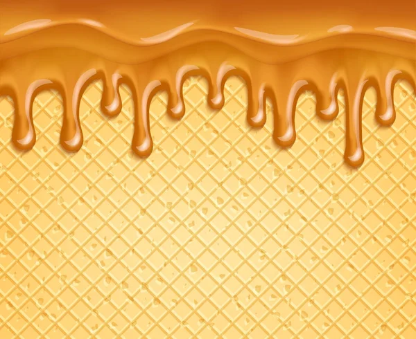 Caramel ou miel coulant sur fond de gaufre — Image vectorielle