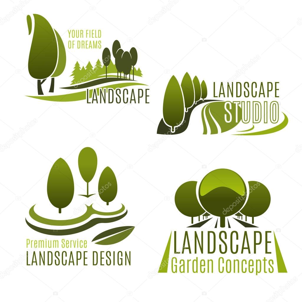 Landscaping company and gardening service icon set. Green nature symbol with tree, plant and grass lawn of eco park or city garden for landscape design studio and lawn care service emblem design