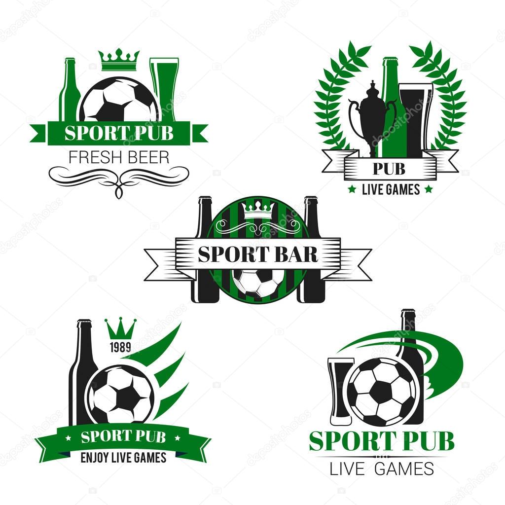 Sport bar icon with soccer ball and football trophy. Beer glass, mug and bottle with soccer ball, football trophy and winner cup isolated symbol, decorated by ribbon banner, laurel wreath and stars