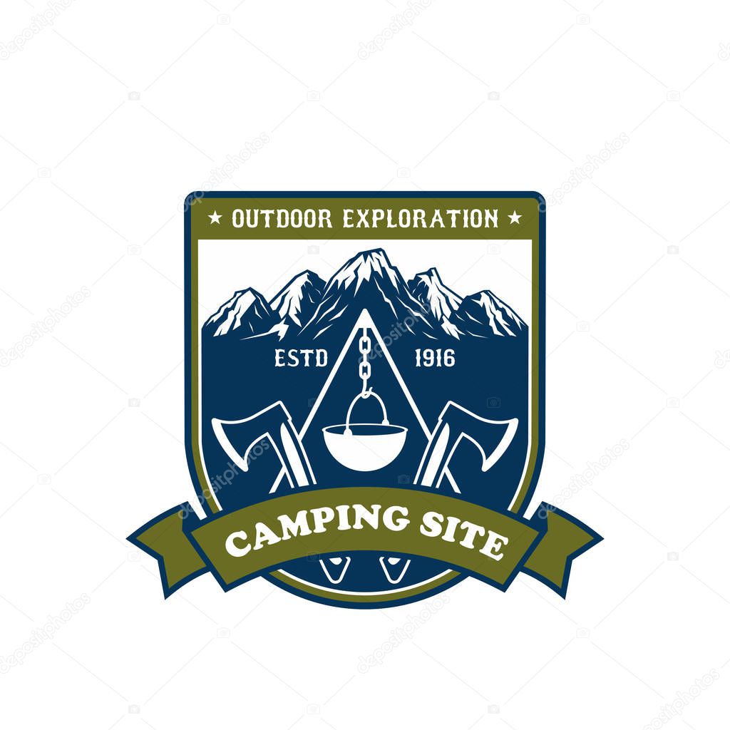 Camping and outdoor adventure icon. Mountain or forest campsite badge on shield with scout campfire, camping equipment and snowy mountain peaks, adorned with crossed axe, ribbon banner and stars