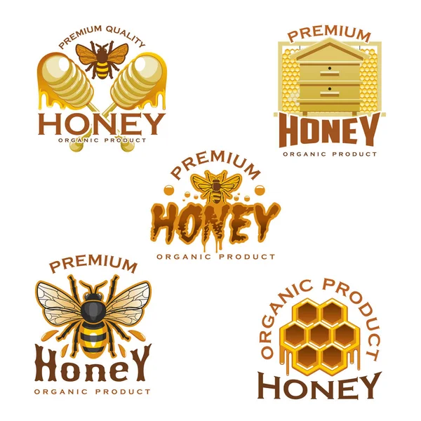 Ícone de mel com abelha, favo de mel, colmeia e dipper — Vetor de Stock