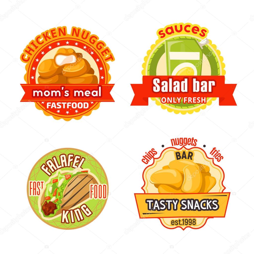 Fast food restaurant and cafe badge. Chicken nuggets, potato chips and french fries, fresh salad and falafel sandwich round label with ribbon banner for street food menu or delivery flyer