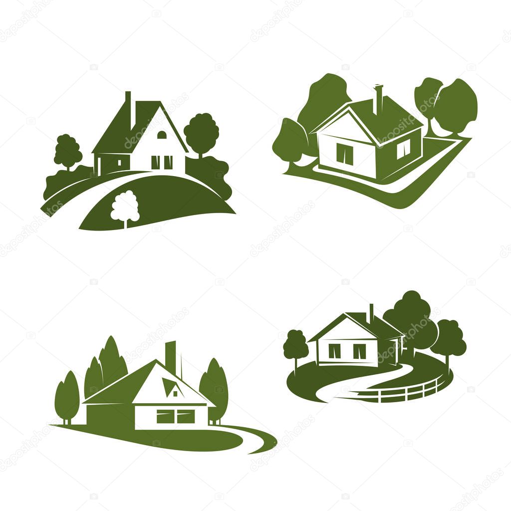 Green ecohouse icon for eco friendly real estate company emblem. Green home with tree and grass lawn, pathway and fence isolated symbol for ecology and property themes design