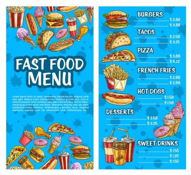 Fast food burger ve içecek menüsü kroki afiş kümesi