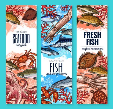 Vector banners fresh seafood fish product sketch vector Vector banners fresh seafood fish product sketch vector