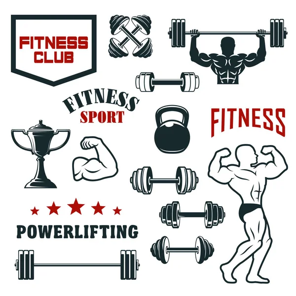 Fitness clube desportivo, ginásio e conjunto de ícones de musculação —  Vetores de Stock