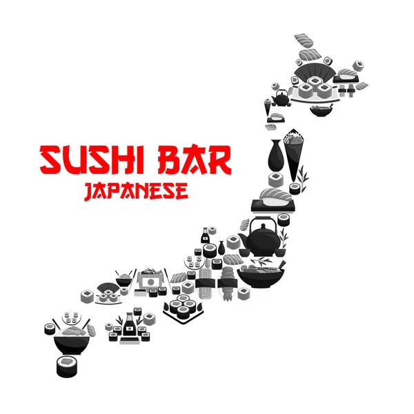 Comida japonesa en el mapa de Japón con sushi de mariscos — Archivo Imágenes Vectoriales