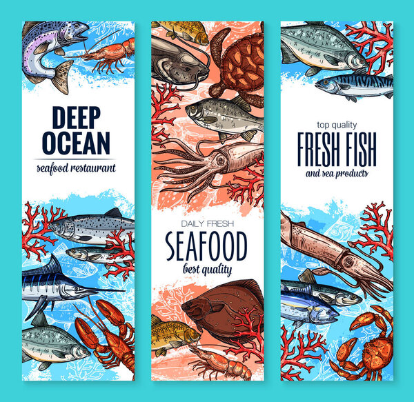 Vector banners of seafood fish products sketch