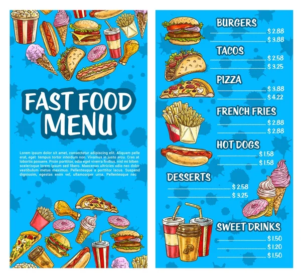 Fast-Food-Burger und Getränkekarte skizzieren Banner-Set — Stockvektor