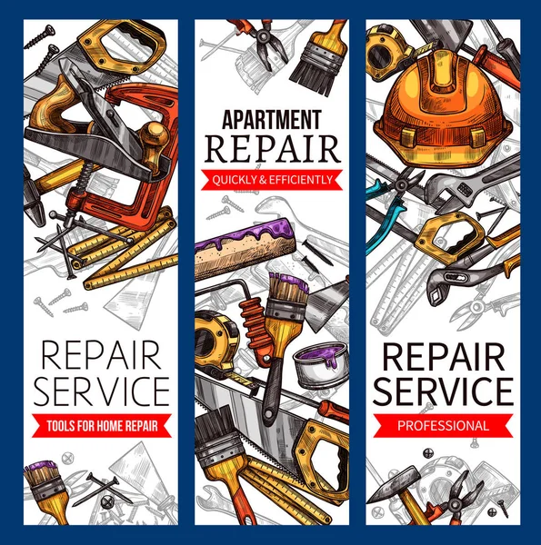 Vector boceto banners de reparación de herramientas de trabajo de servicio — Vector de stock