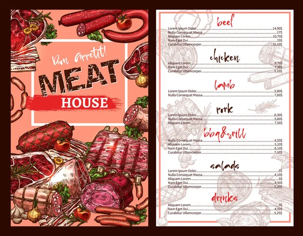 Vector price menu for meat house restaurant sketch — Stock Vector