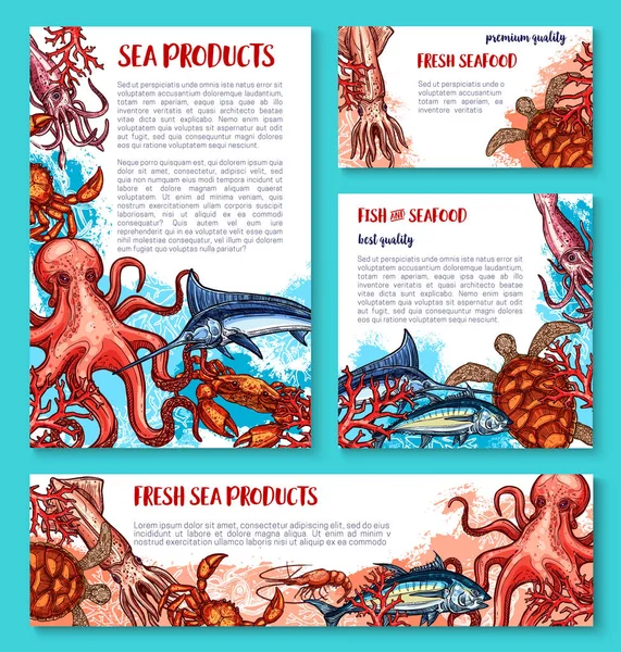 Poster vettoriale frutti di mare di schizzo pesce fresco — Vettoriale Stock