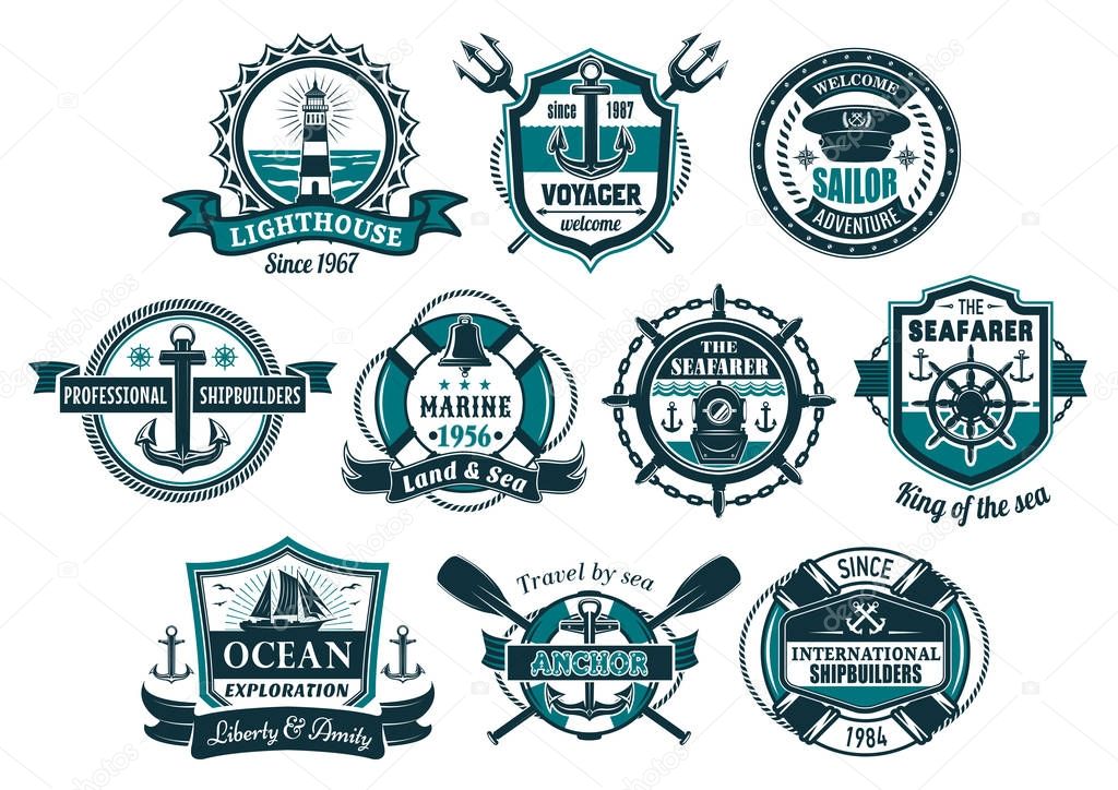 Sea anchor and boat helm nautical badge set. Anchor and steering wheel of marine ship, sailboat, lighthouse, diving helmet, bell and captain cap with lifebuoy, rope, chain for nautical heraldic design